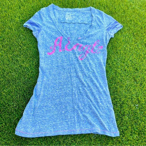 American Eagle Outfitters Heather Gray V-Neck Graphic Logo Tee, Size XS - Picture 1 of 6